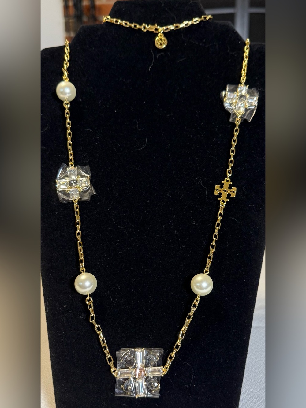 Tory Burch Pearl & Logo Charm Statement Necklace | NWT | Gold-Toned | Dust Bag